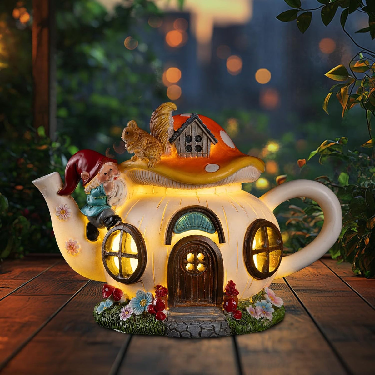 Mushroom Fairy House Garden Decor Solar Light – Outdoor Gnome Statue with Squirrel, Resin Teapot