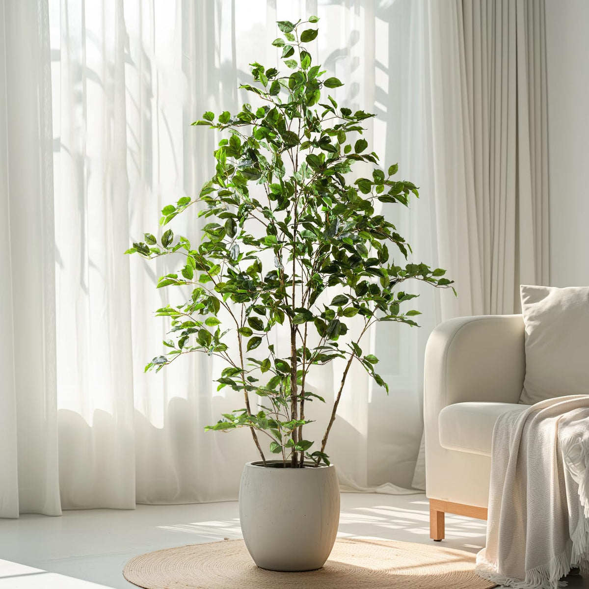 Artificial Ficus Tree Indoor 5ft, Large Potted Faux Tree with Realistic Silk Leaves & Trunk for