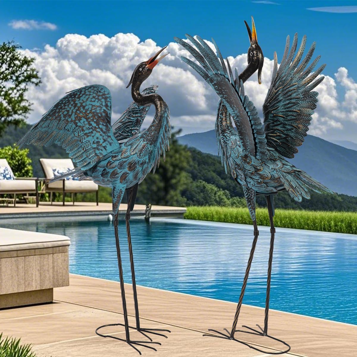Natelf Garden Crane Sculptures & Statues, Blue Heron Decor Outdoor Large Bird Yard Art, Standing