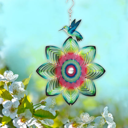 SPRING SONG Hummingbird on Mandala Flower Wind Spinner for Yard and Garden Stainless Steel Spinner