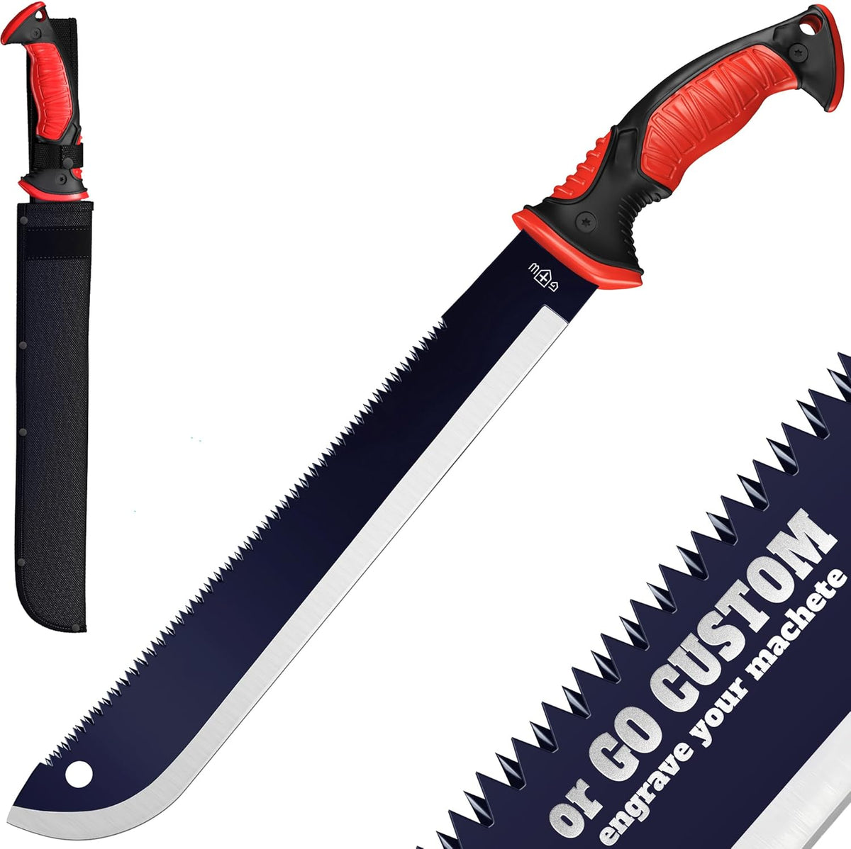 Machete with Saw - 19” Heavy Duty Tool & Sheath - Ergonomic No-Slip Handle - Survival Knife with