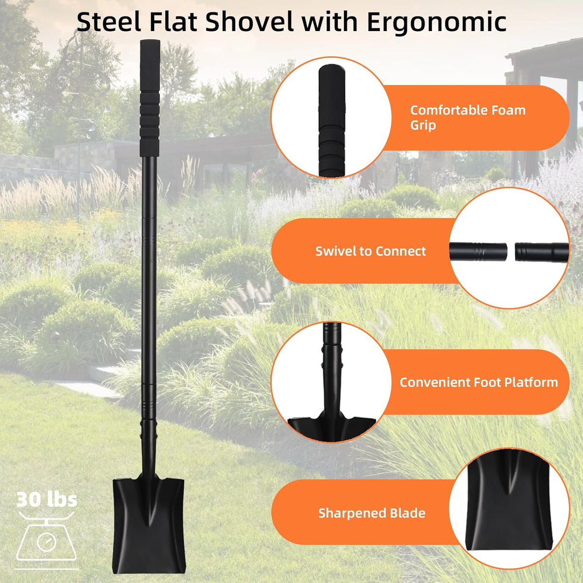 Small Square Shovel 43.3Inches Heavy Duty Garden Tools with Metal Handle, Small Transfer Spade for