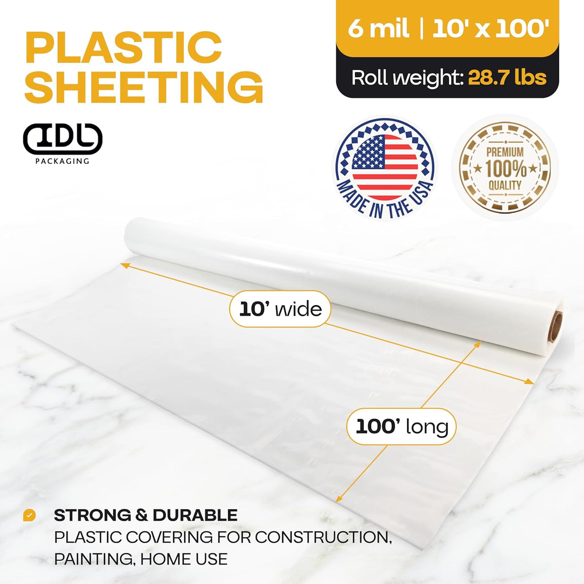 Plastic Sheeting 6 mil, 10' x 100' (1000 sq. ft.) - LDPE Film Roll - Strong Semi-Clear Plastic