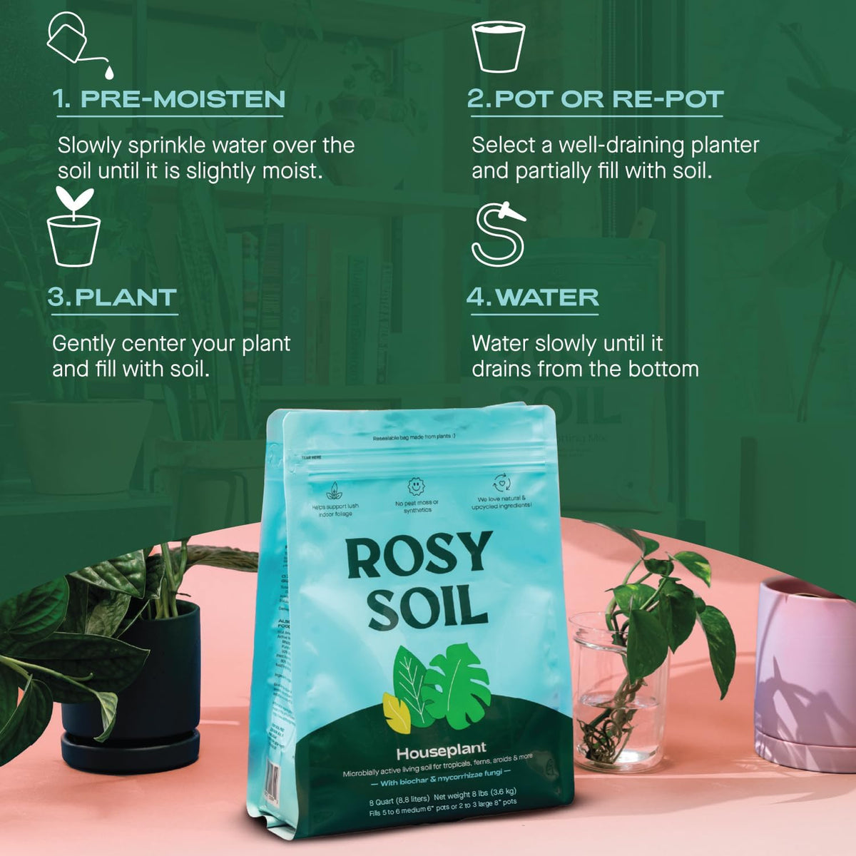 Rosy Soil Indoor Potting Soil for House Plants, 2 x 8 qrt - Organic Potting Soil Mix for Indoor