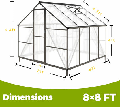 8x8 FT Greenhouses for Outdoors, Polycarbonate Greenhouse with PC Panels, Greenhouses for Outdoors