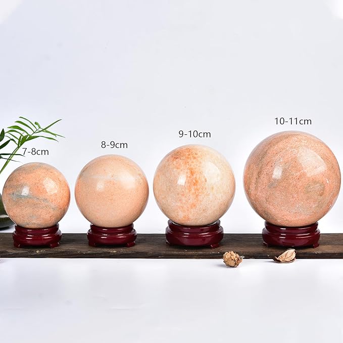 JIC Gem Natural Sunstone Sphere Ball with Wooden Stand for Fengshui Rare Healing Crystal Ball