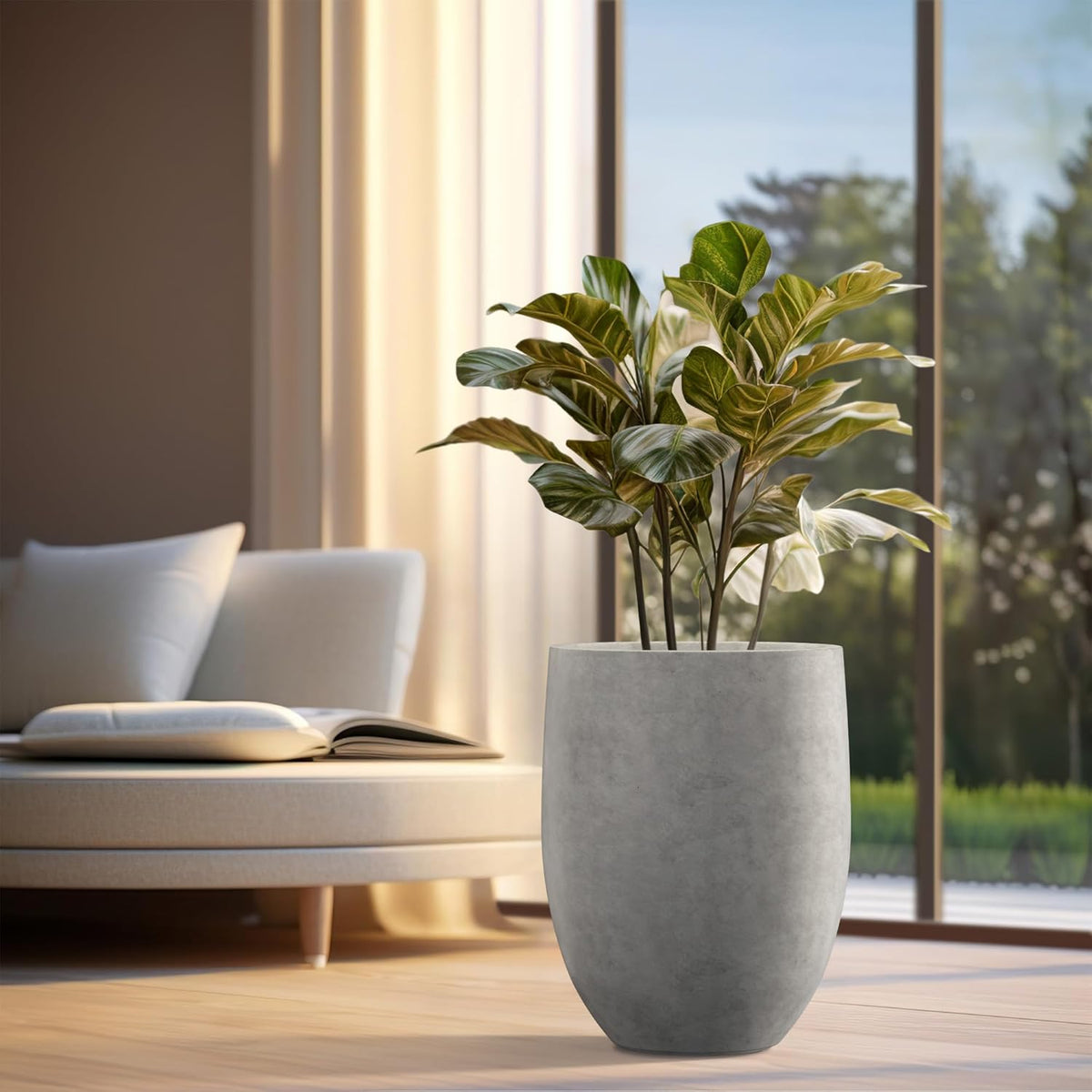 Kante 21.7" H Natural Concrete Tall Planter, Large Outdoor Indoor Decorative Pot with Drainage Hole