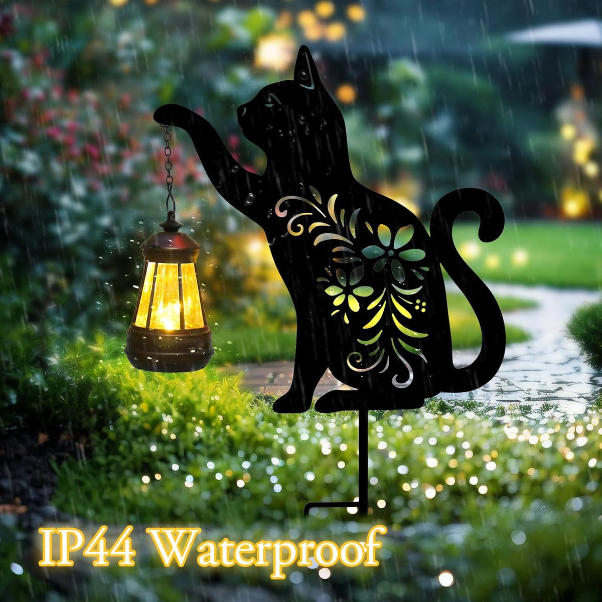 Afirst Solar Outdoor Garden Stake Solar Cat Decorative Stake Light with Lantern Decorative Lights