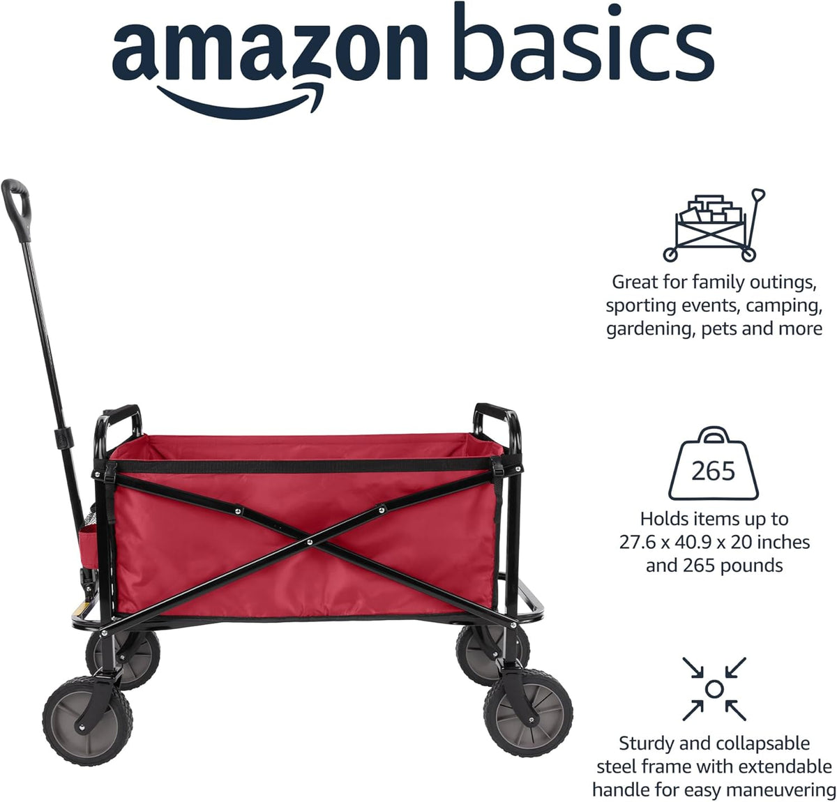 Amazon Basics Collapsible Folding Heavy Duty Utility Wagon for Outdoor Sports, 265 pounds Weight