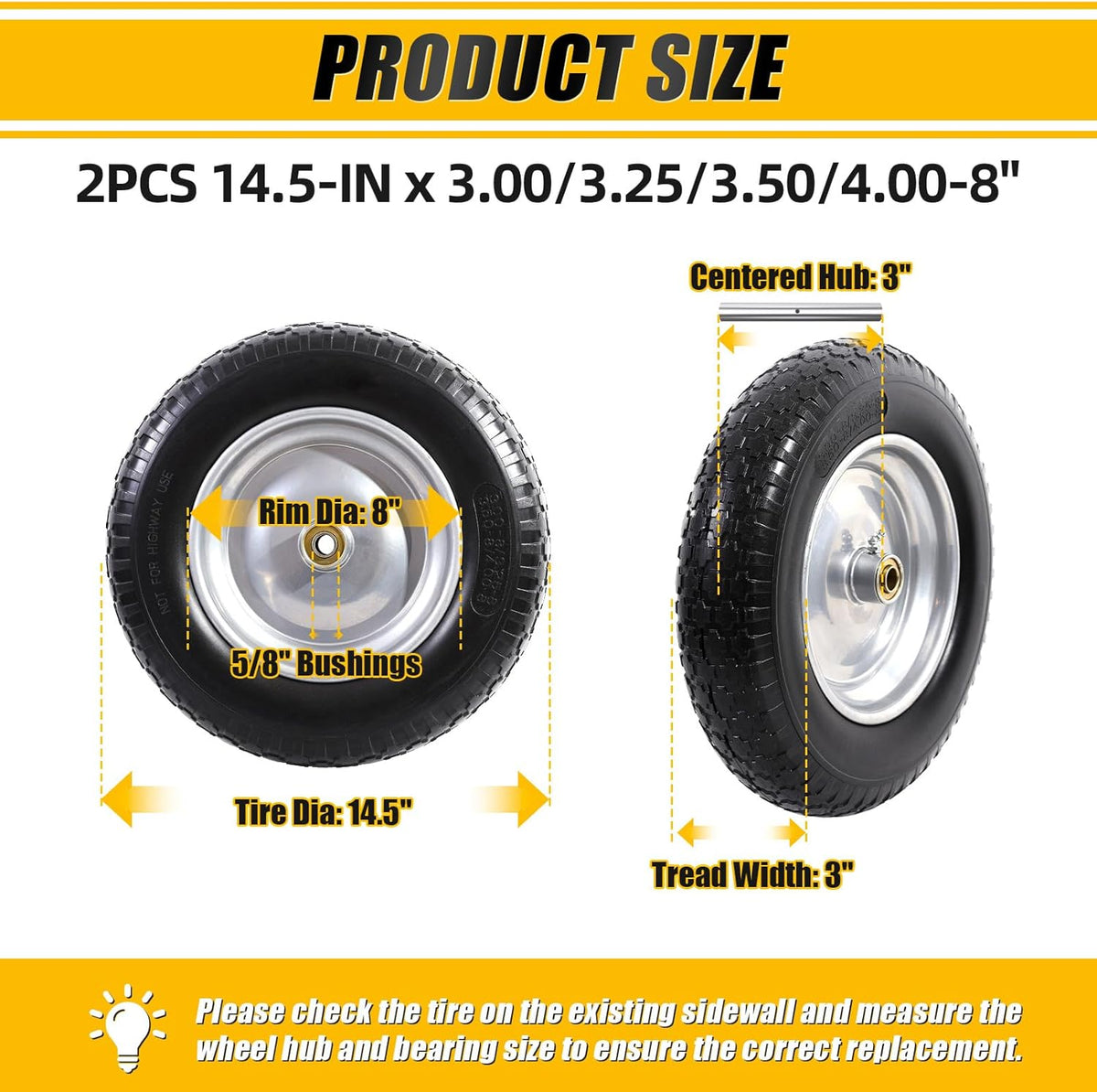 MZREXN 14.5" Wheelbarrow Tire Flat-Free 3.00/3.25/3.50/4.00-8" Solid Tire and Wheel with 3"-7"