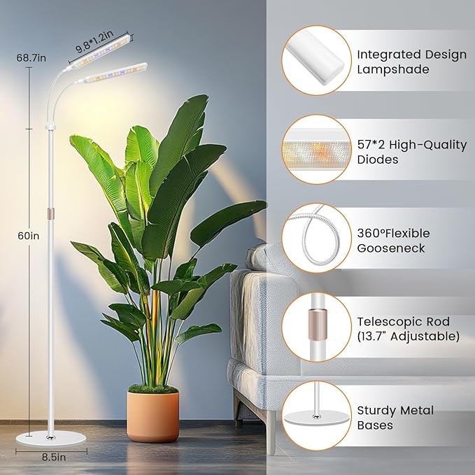 Grow Lights for Indoor Plants with Stand, 2-Heads Full Specturm Plant Grow Light with 4/8/12/16H