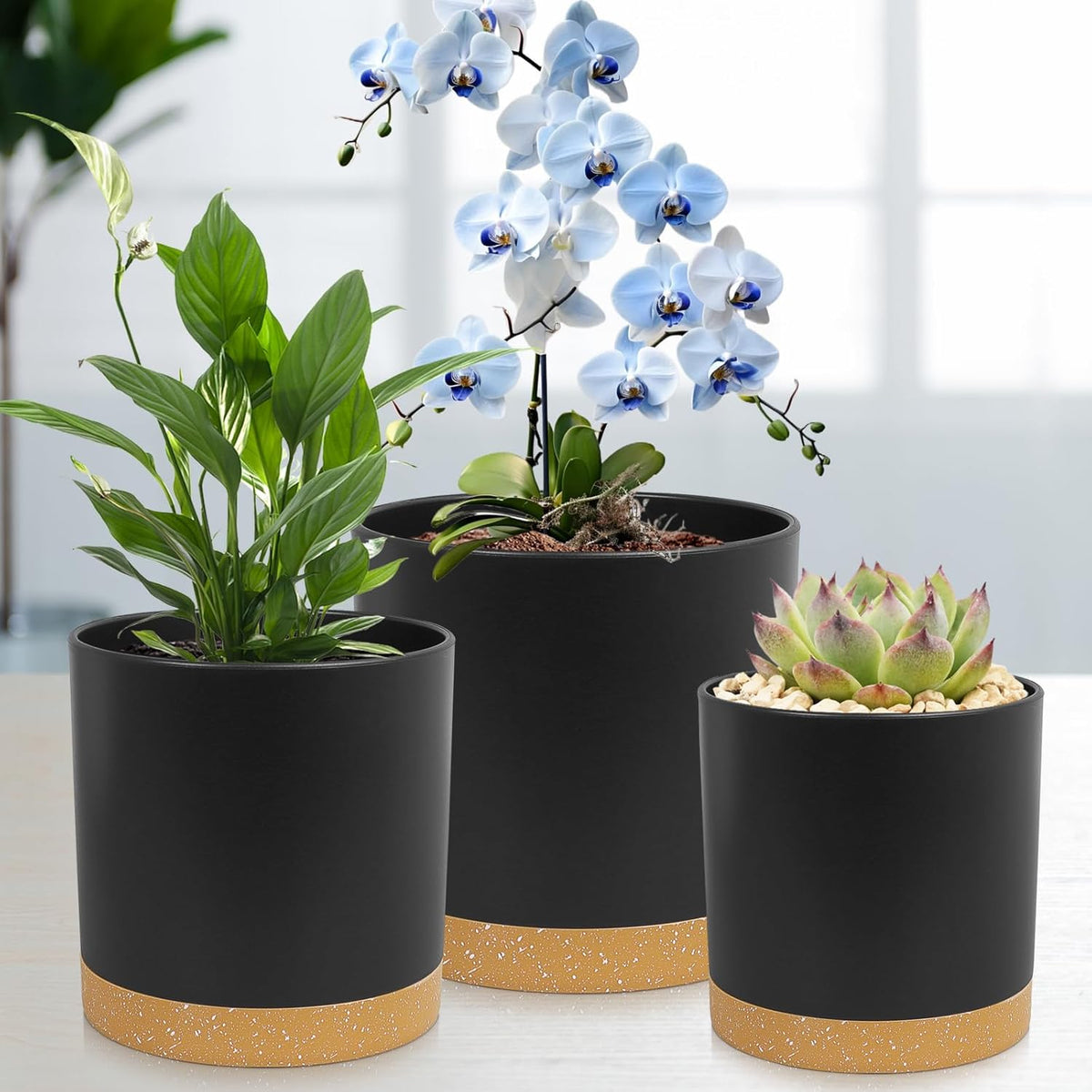 5 Pack Cylindrical Flower Pots with 7/6.5/6/5/4 inch, Modern Small Plastic Plant Pots with Drainage