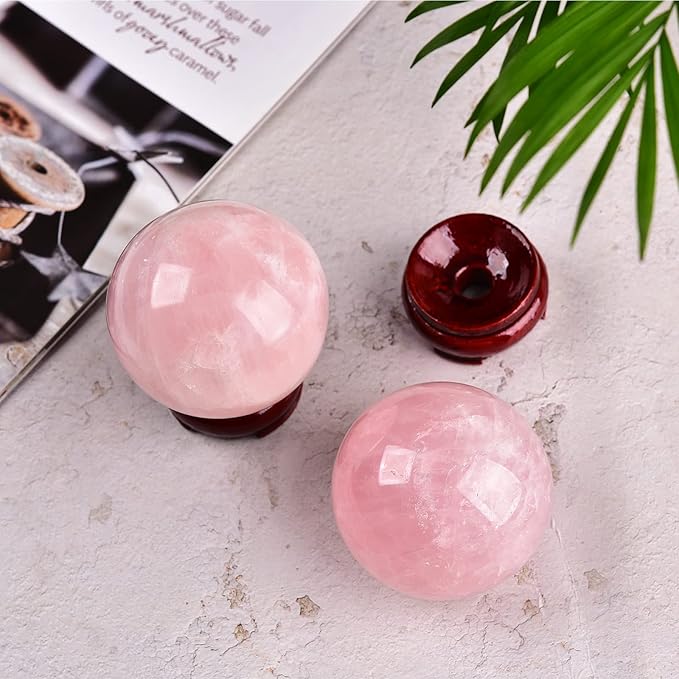 JIC Gem 2.5 Inch Natural Pink Rose Quartz Magic Crystal Healing Ball Ornament Sphere with Wood