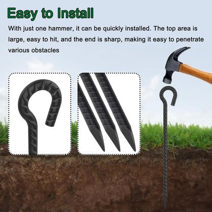 16 Inch Rebar Ground Stakes with Loop 1/2 inch Diameter Steel Tent Stakes (12 pcs), Heavy Duty Tree