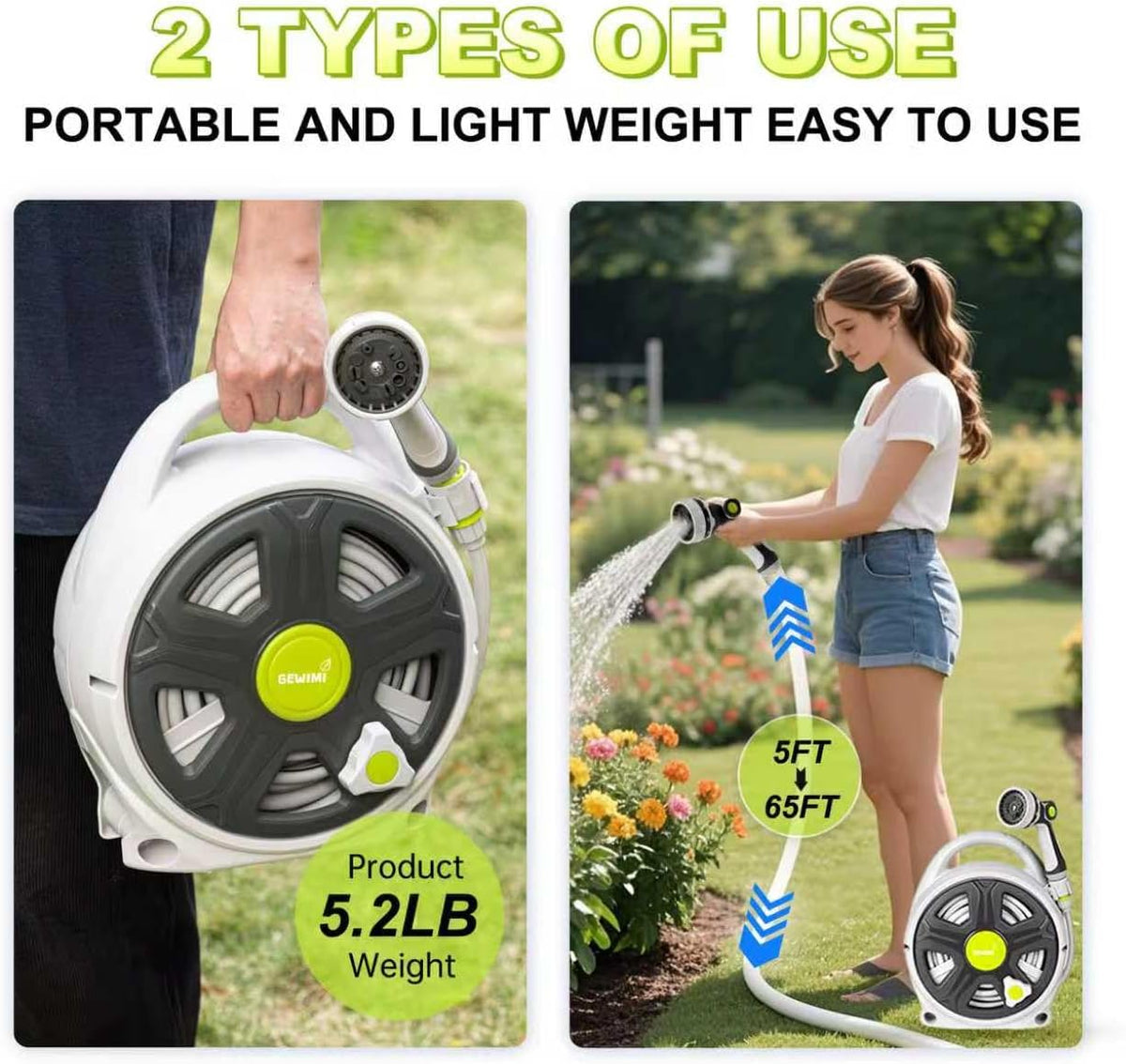 Retractable Garden Hose Reel, 65FT Heavy Duty Hose With 10 Spray Patterns - Leakproof, Durable &