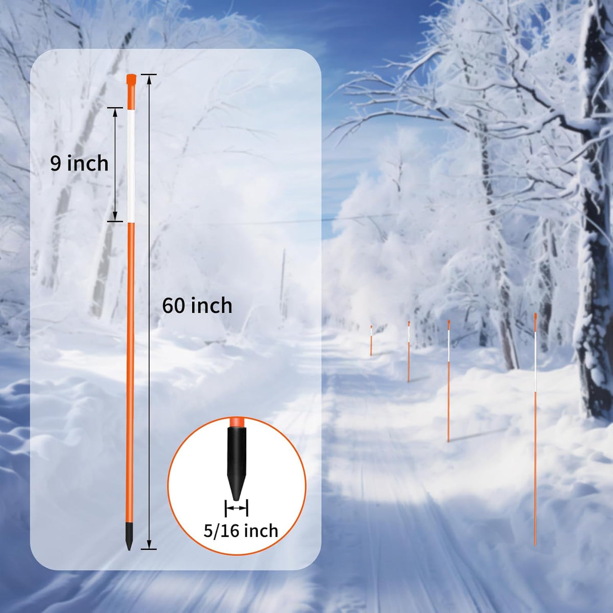 Growsun Driveway Marker 5ft Orange Fiberglass 5/16 inch Dia Snow Fence Reflective Plow Stakes for