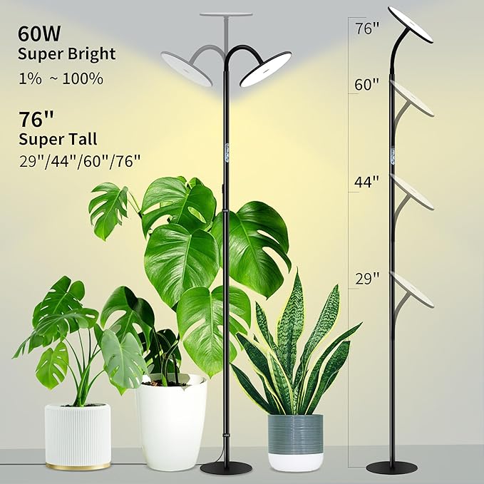 chiphy Grow Lamp, 60W Full Spectrum Grow Lights for Indoor Plants, 4/8/12H Timer, 2300K-6500K, 10