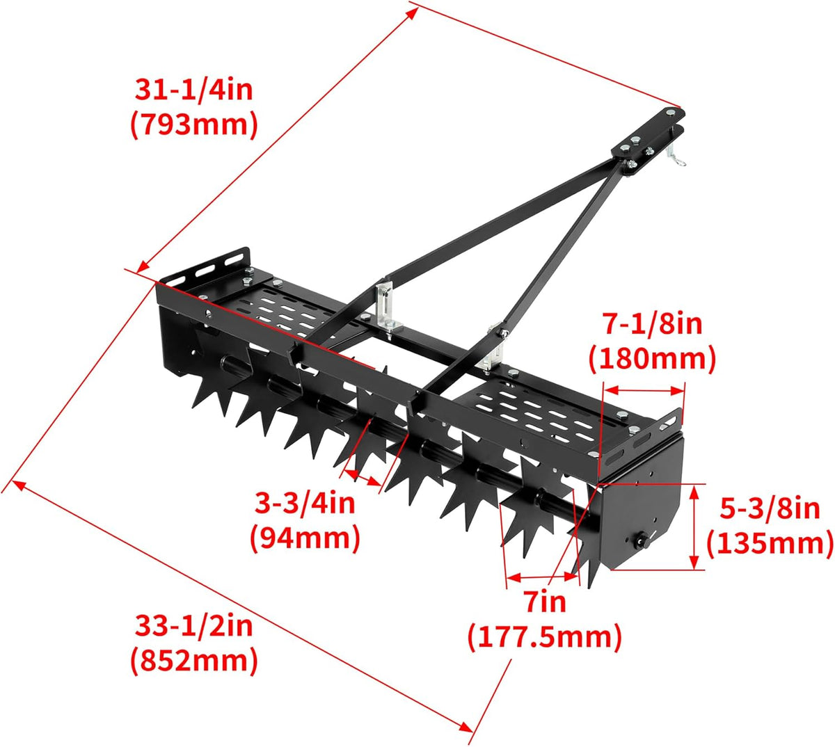 32" Tow Behind Spike Aerator Tool W/ 8 Spikes, Hitch Pin Attach to Lawn Tractor, Most ZTRs, ATVs