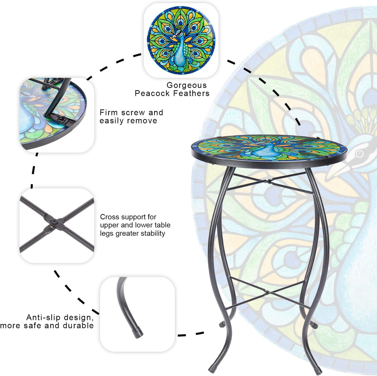 MUMTOP Outdoor Side Table - Small Mosaic Patio Tables, 14” Round Accent End Coffee Glass Plant