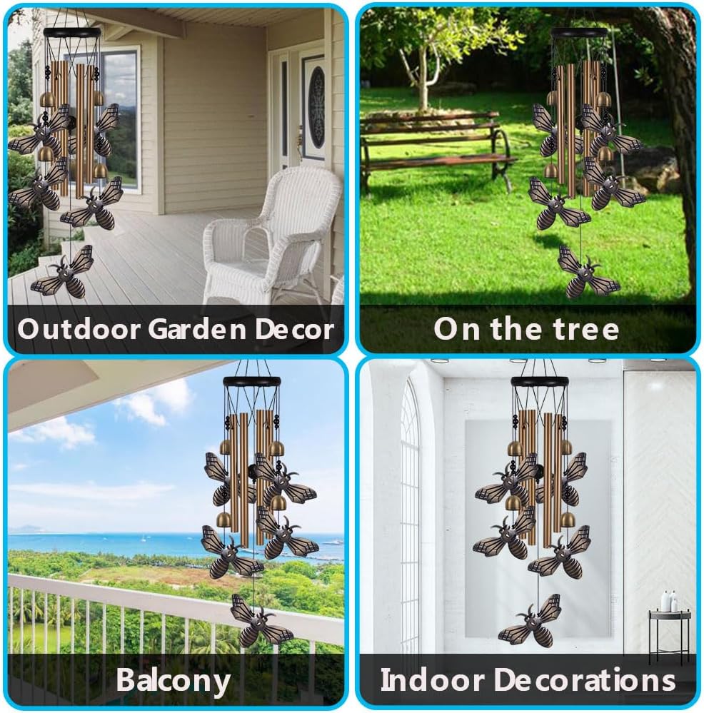 Garden Bee Wind Chimes Outdoor Indoor Decor - with 4 Tubes 4 Bells 5 Bees Wind Chime, Mobile