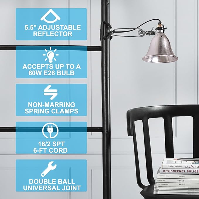 Simple Deluxe Clamp Lamp Light 60 Watt with 5.5 Inch Aluminum Reflector (no Bulb Included), 6 Feet