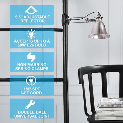 Simple Deluxe Clamp Lamp Light 60 Watt with 5.5 Inch Aluminum Reflector (no Bulb Included), 6 Feet