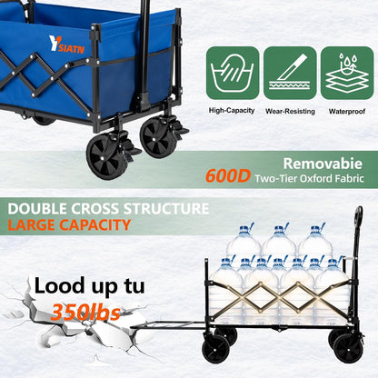 Collapsible Folding Wagon Cart with Tailgate - 300lbs Heavy Duty Foldable Utility Wagon and Brake