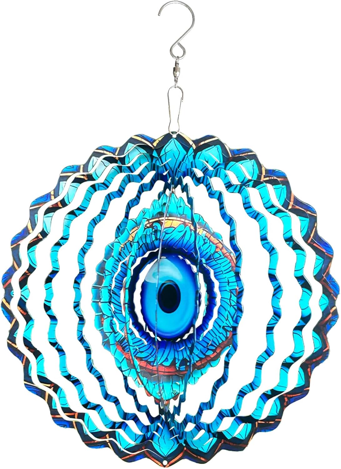 3D Wind Spinner Mandala 10 Inch Evil Eye Stainless Steel Wind Sculpture Blue Hanging Ornament Laser