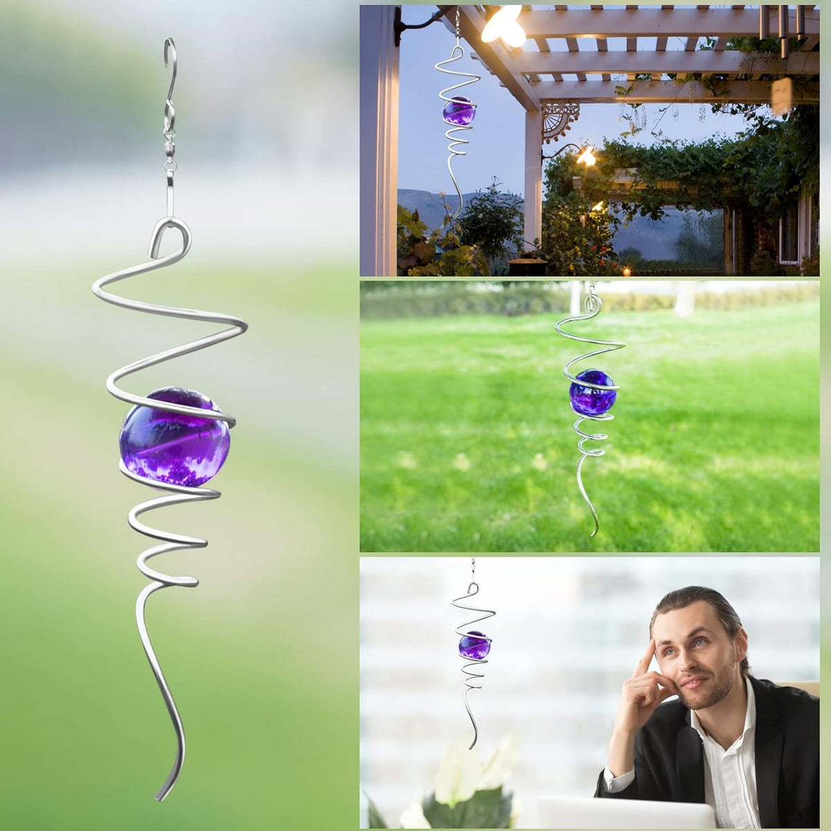 Gazing Ball Spiral Tail Wind Spinner Stabilizer, Garden Decorations Stainless Steel Metal with Hook