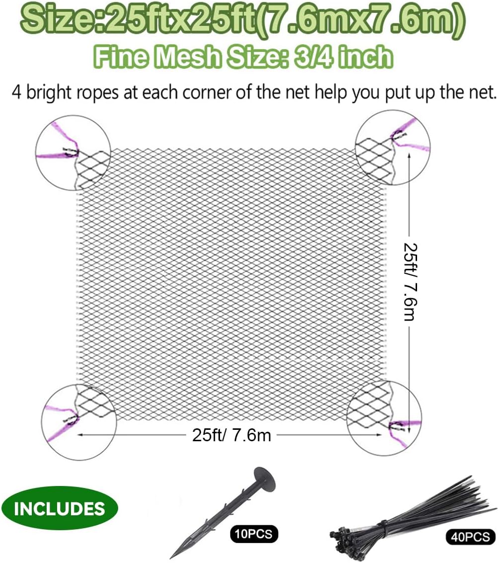 OGORI 25' x 25' Bird Netting Heavy Duty Nylon 3/4" Mesh Garden Netting Protect Fruit Trees, Plants