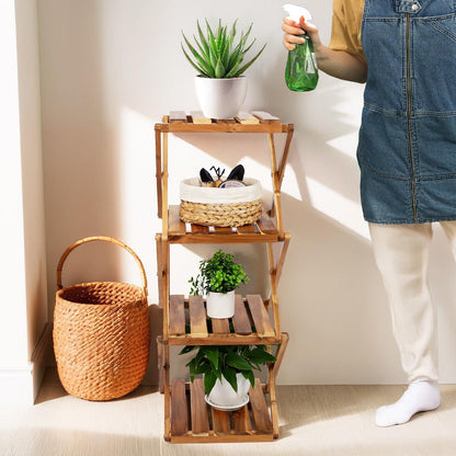 BEEFURNI Acacia Plant Stand Indoor Corner, Wooden Outdoor 4 Tier Corner Planter Stand, Foldable