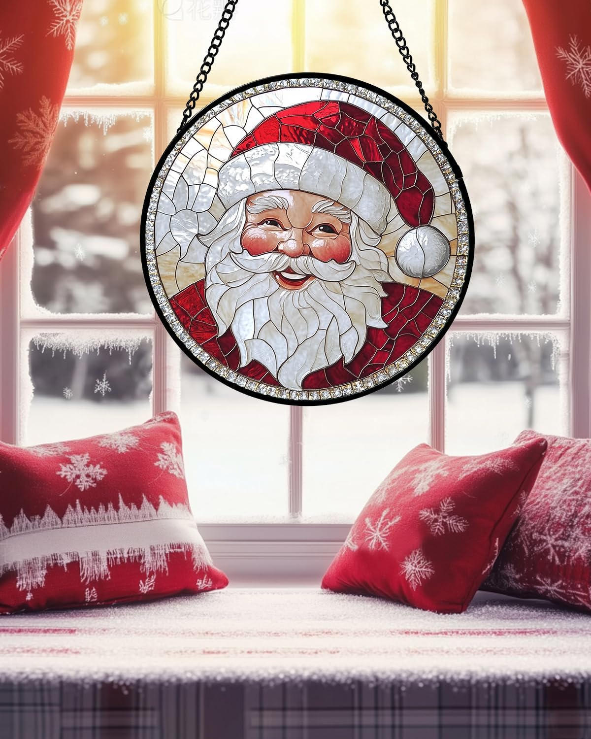Stained Glass Window Hanging - Santa Claus with White Beard Suncatcher for Doors Home Christmas