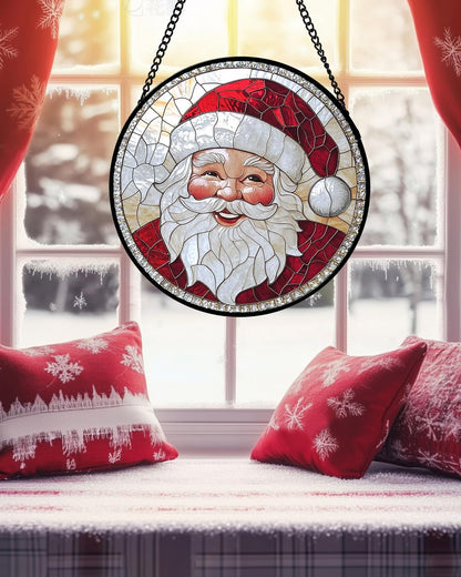 Stained Glass Window Hanging - Santa Claus with White Beard Suncatcher for Doors Home Christmas