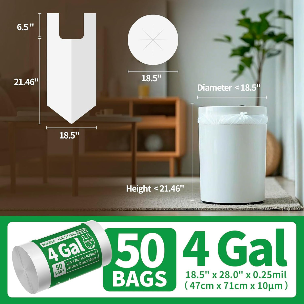 Small Trash Bags with Handles 4 Gallon 50 Count White - Ocean Plastic Upcycling - Plastic Garbage