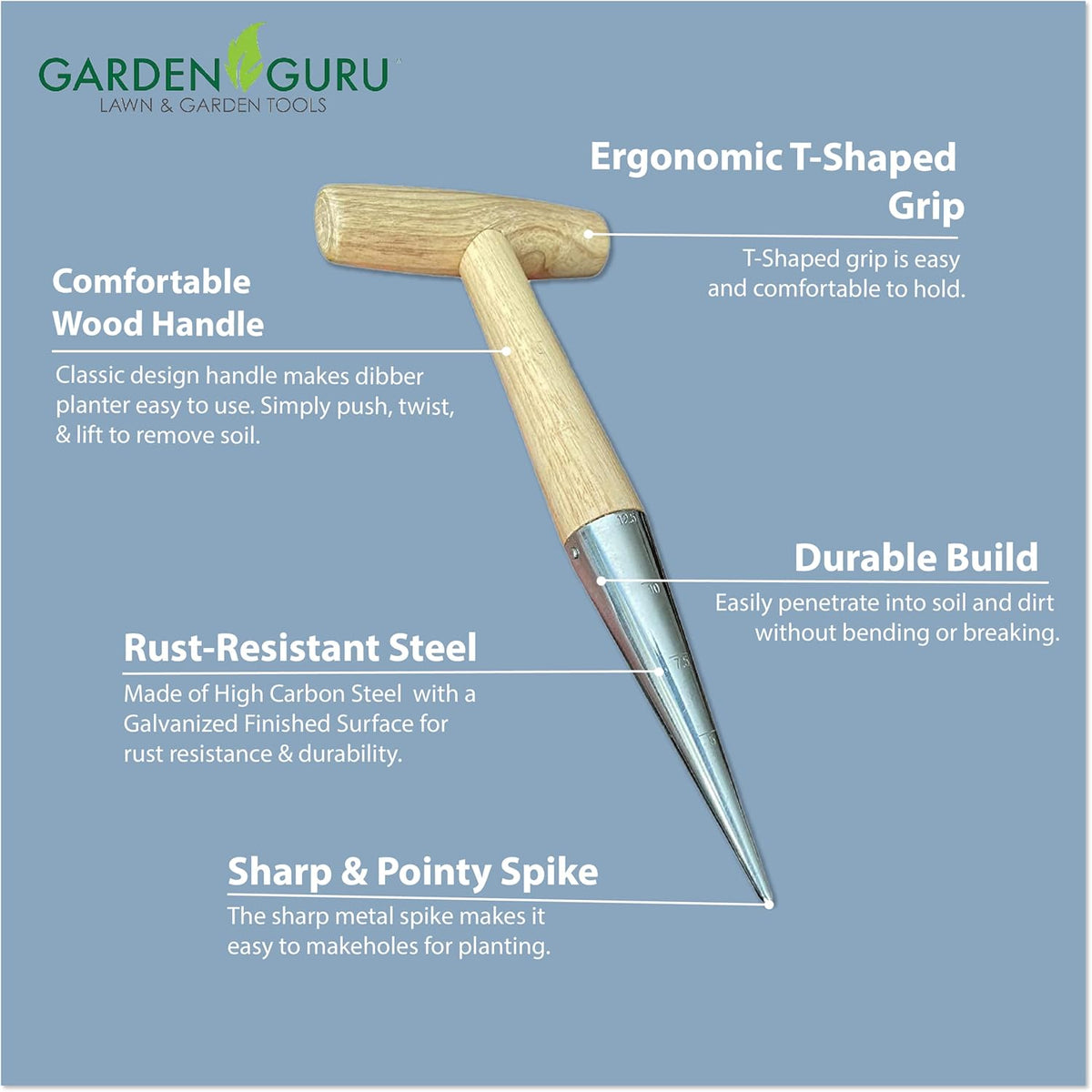 Garden Guru Steel Dibber Planter Tool for Planting Seeds & Bulbs - High Carbon Steel & Comfortable