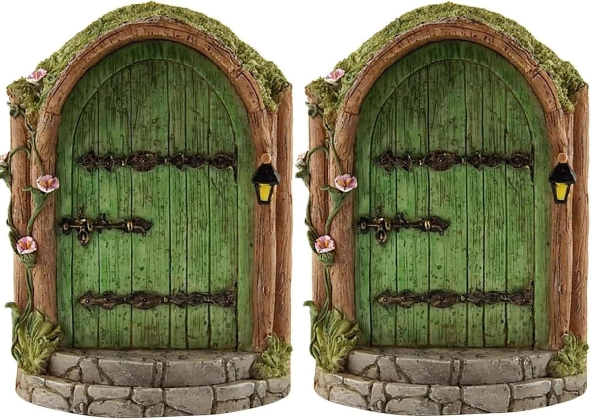 2Pcs Green Fairy Door Wooden Miniature Fairy Gardens Doors Outdoor Mini Fairy Gnome House