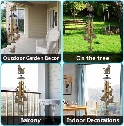 Garden Cat Wind Chimes Outdoor Indoor Decor - with 4 Tubes 7 Cats Wind Chime, Mobile Romantic Cats