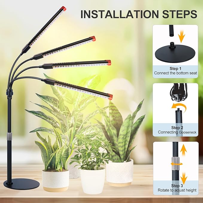 4-Head Desk Grow Lights for Indoor Plants, Seed Starting, Bonsai, Succulent, Cactus with Timer, 36W