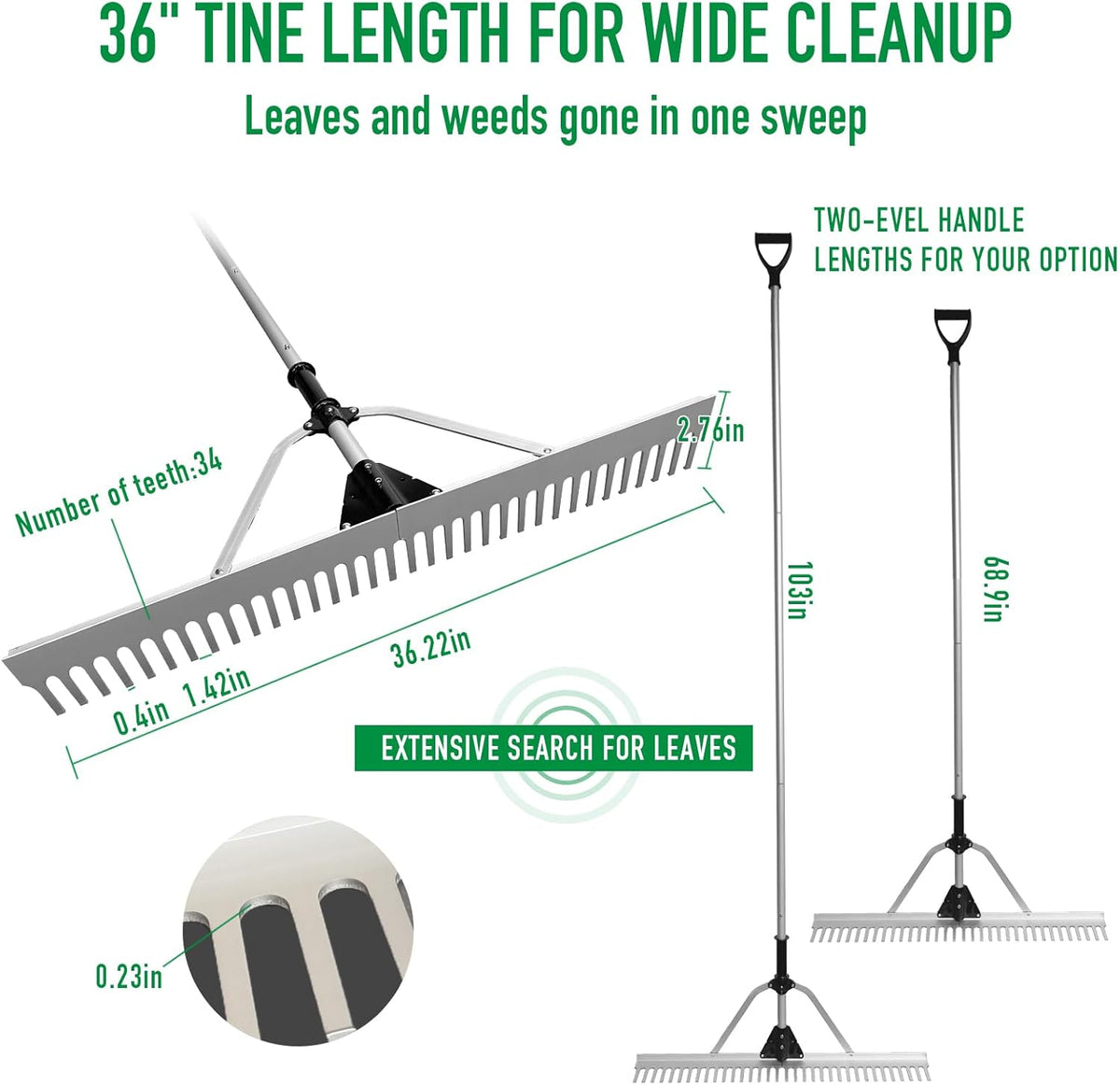 Floating Lake Rake, 36" Head Aluminum Landscape Rake with 103" Adjustable Handle, 20FT Rope &