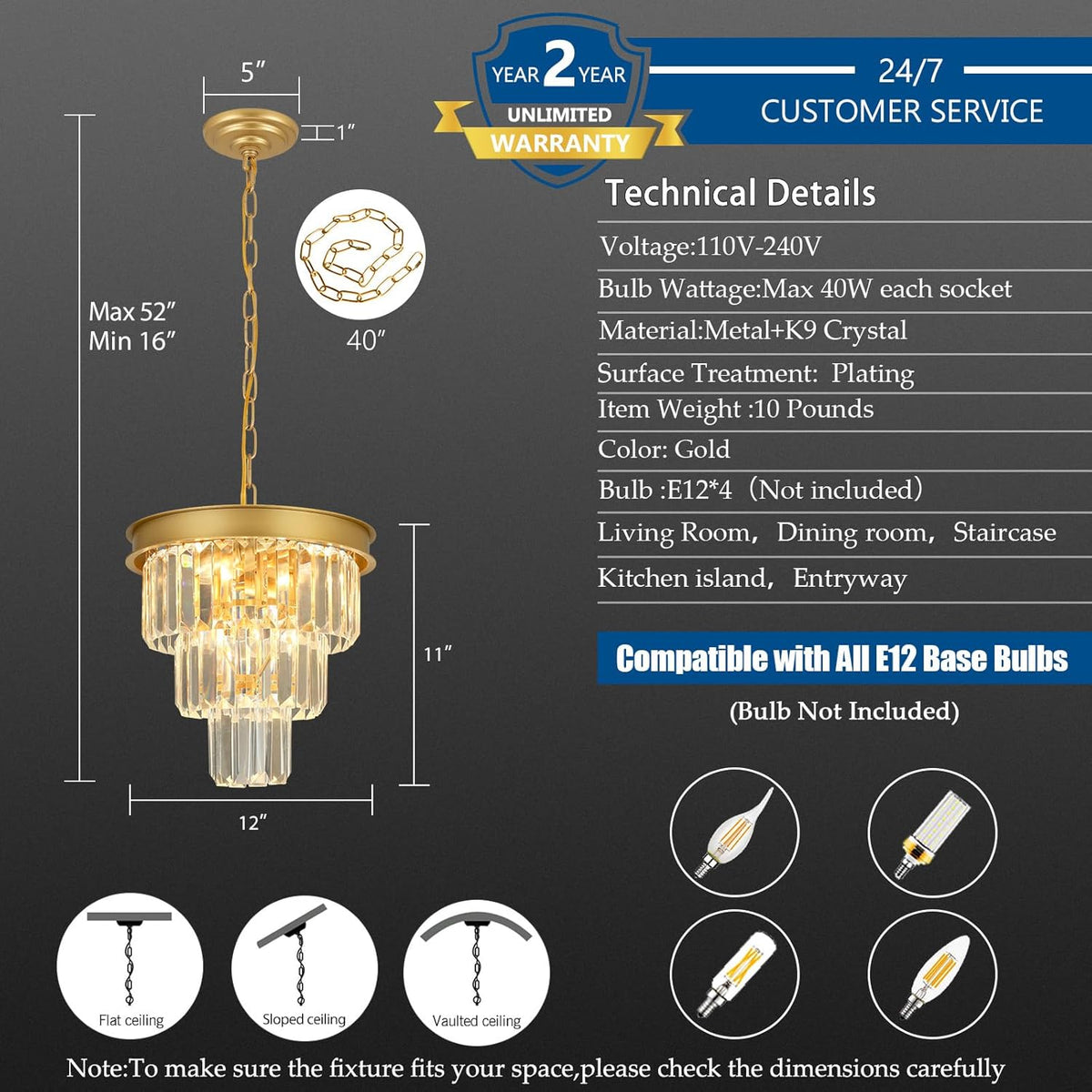 Crystal Chandeliers for Dining Room Light Fixtures Over Table，4-Lights Modern Gold Crystal Pendant