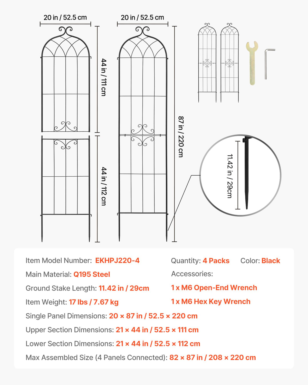 VEVOR 4 Packs Metal Garden Trellis for Climbing Plants Outdoor 87x21in, Rustproof Plant Tall
