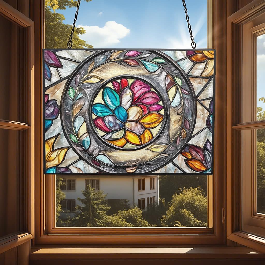 Customized Rectangle Floral Ring Suncatcher Stained Glass Window Hangings Sun Catchers Colorful