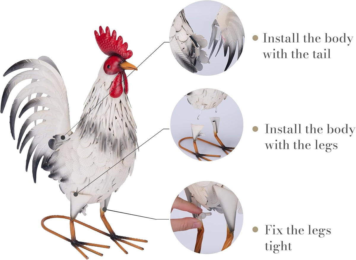 TERESA'S COLLECTIONS Garden Decor, White Rooster Garden Decor, Waterproof Metal Garden Statue