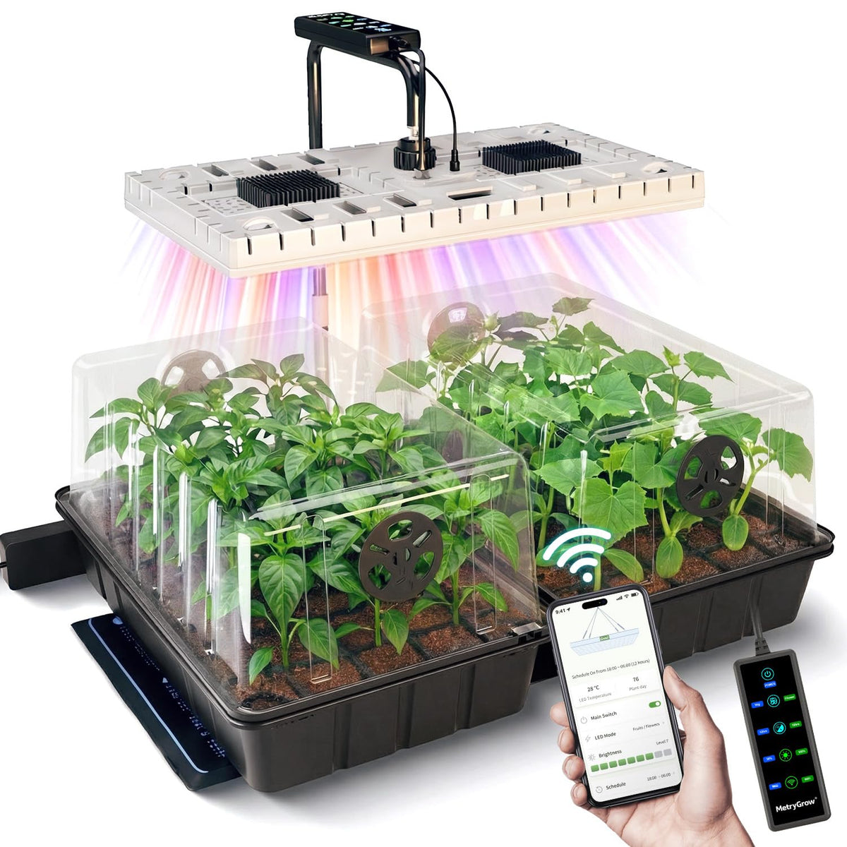 MetryGrow 48W Full Spectrum LED Grow Light Seed Starter Kit, 80-Cell Tray with 30W Heating Mat &