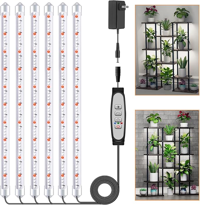 6 Bars Grow Light Strips for Indoor Plants with Auto ON/Off Timer 6/12/18H, 5 Dimmable Levels for