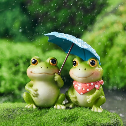 Frog Figurine with Umbrella, Decorative Outdoor Statue Set of 2,Collection Miniature Fairy Garden