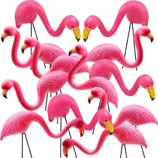 GiftExpress 12 Pack Pink Flamingos Yard Decorations - Small 14" Tall Plastic Flamingo Statue