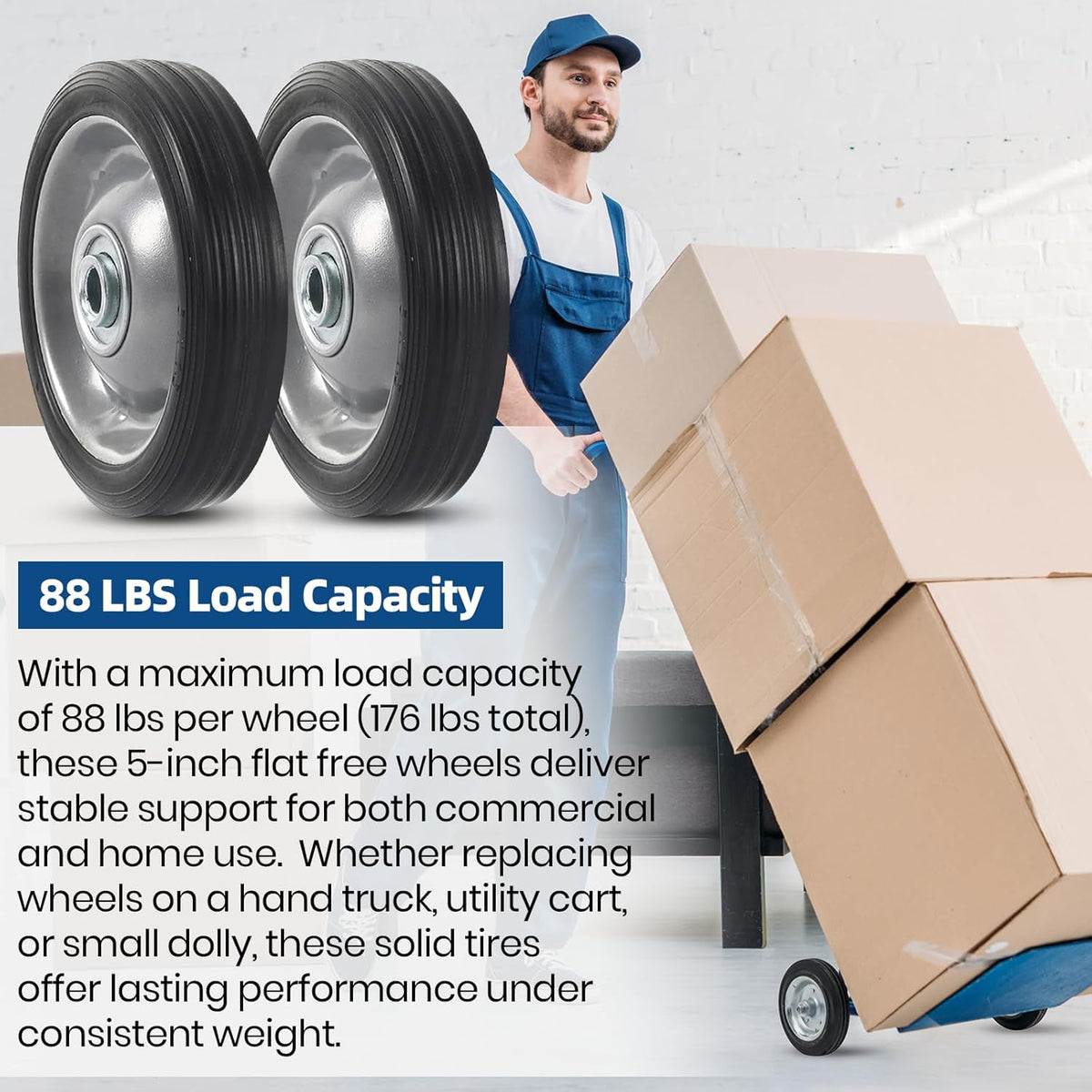 AR-PRO (2-Pack) 5" x 1.2" Flat Free Solid Rubber Wheel Assemblies - Replacement Hand Truck Wheels