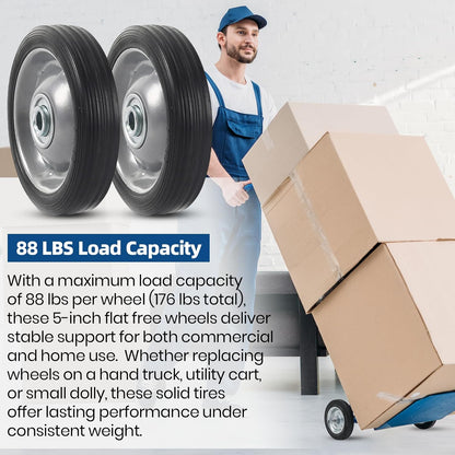 AR-PRO (2-Pack) 5" x 1.2" Flat Free Solid Rubber Wheel Assemblies - Replacement Hand Truck Wheels