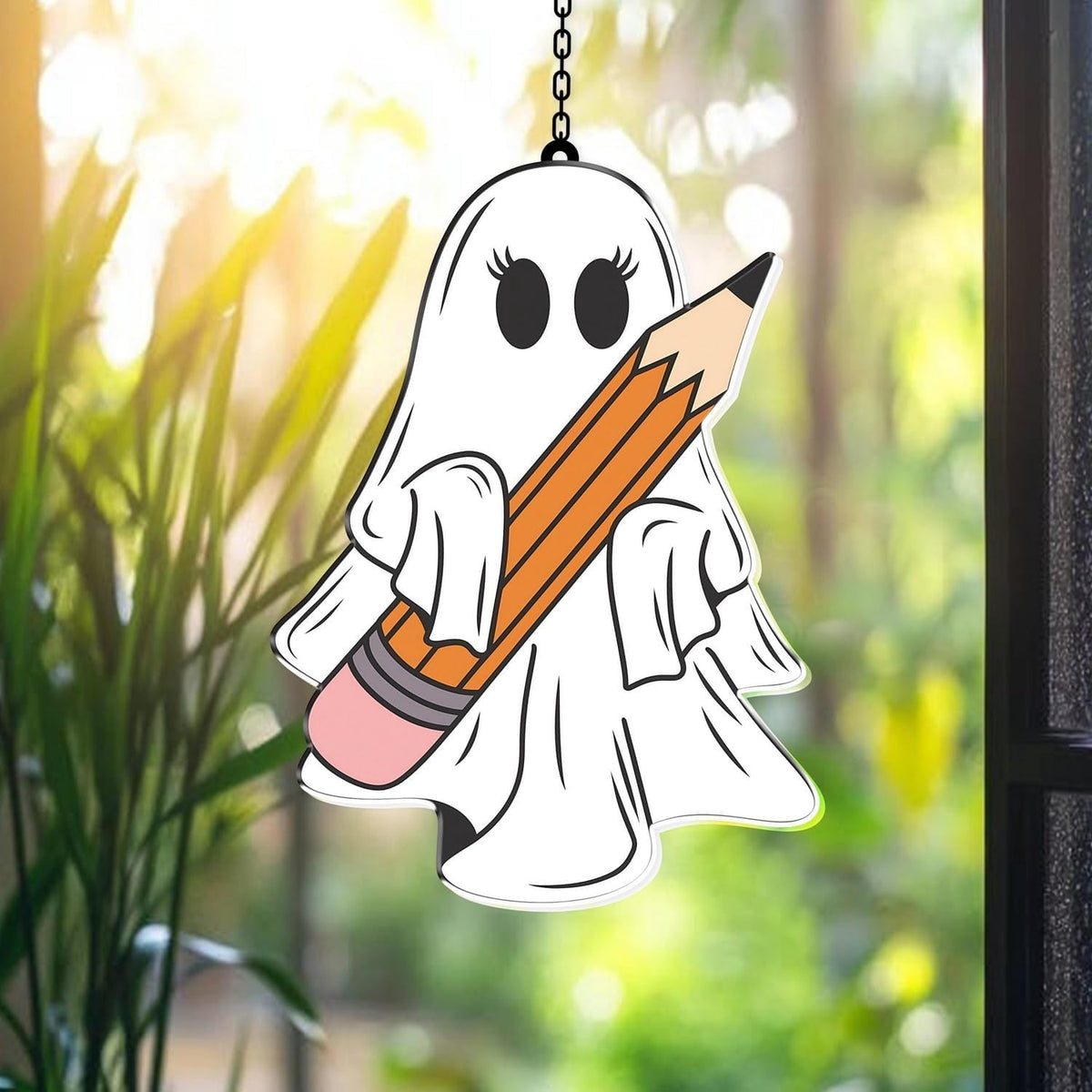 7.87Inch Cute Pencil Ghost Sun Catcher Acrylic Garden Halloween Suncatcher Decor Window Hanging for